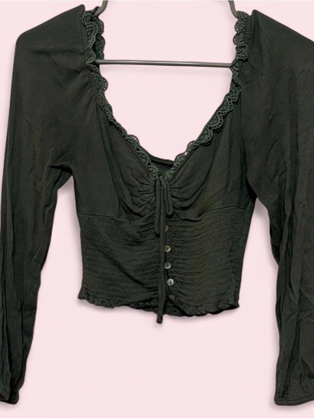 ILLA ILLA Black Lace-Trim Ruched Buttoned Crop Top